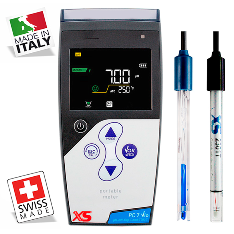 XS PC 7 Vio Portatif Multiparametre Ölçer 201T pH ve 2301T İletkenlik Elektrodu ile 0.00... 14.00 pH / 0.01... 200 mS