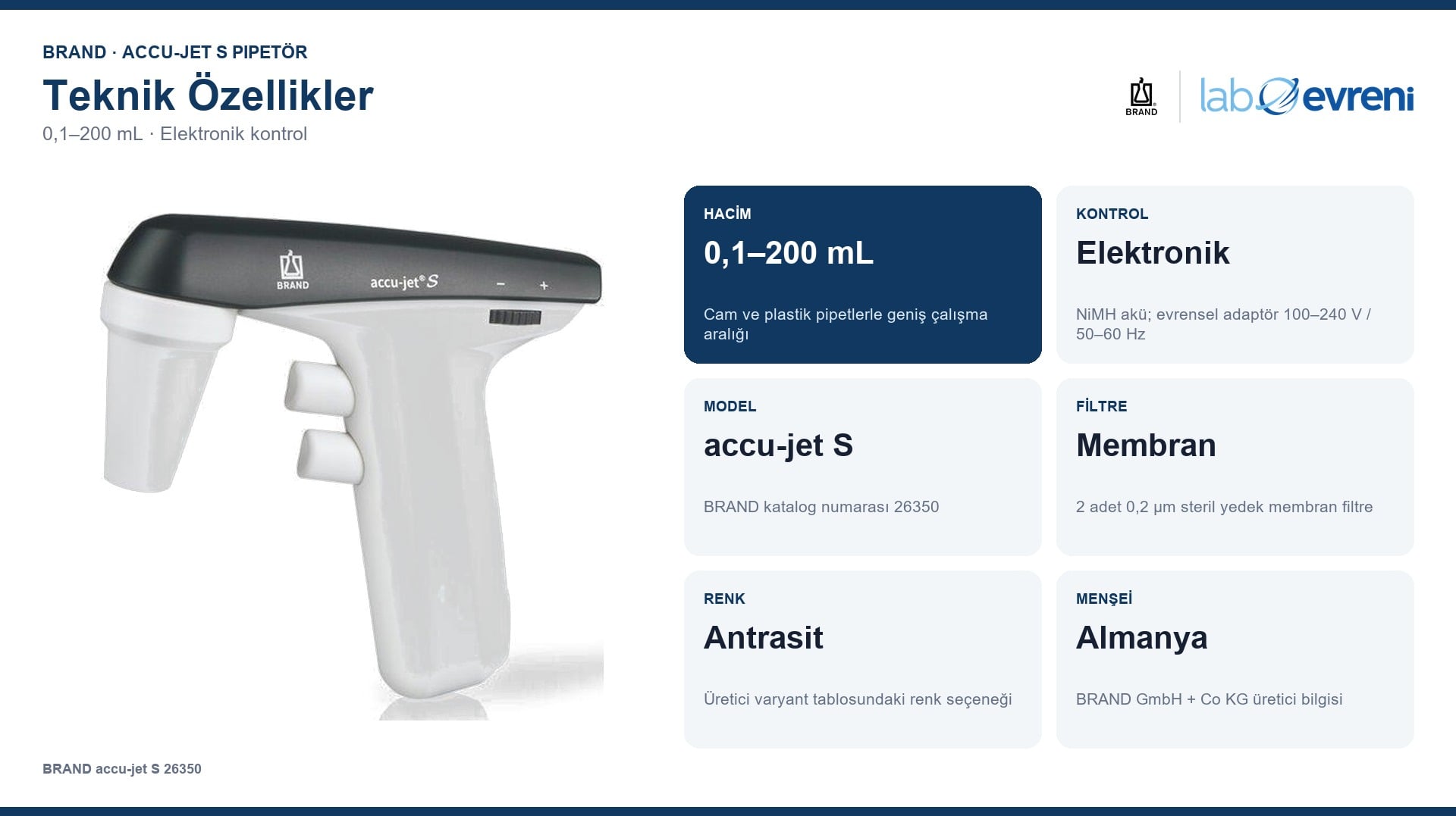 BRAND accu-jet S Pipet Kontrolörü 26350 teknik değer kartları