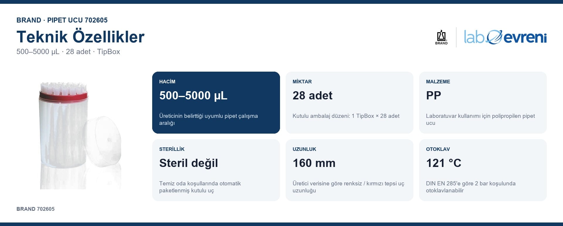 BRAND 702605 500–5000 µL pipet ucunun teknik değer kartları