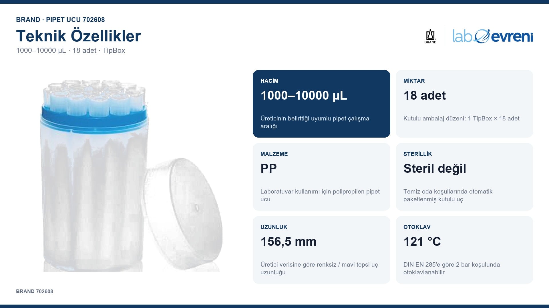 BRAND 702608 1000–10000 µL pipet ucunun teknik değer kartları
