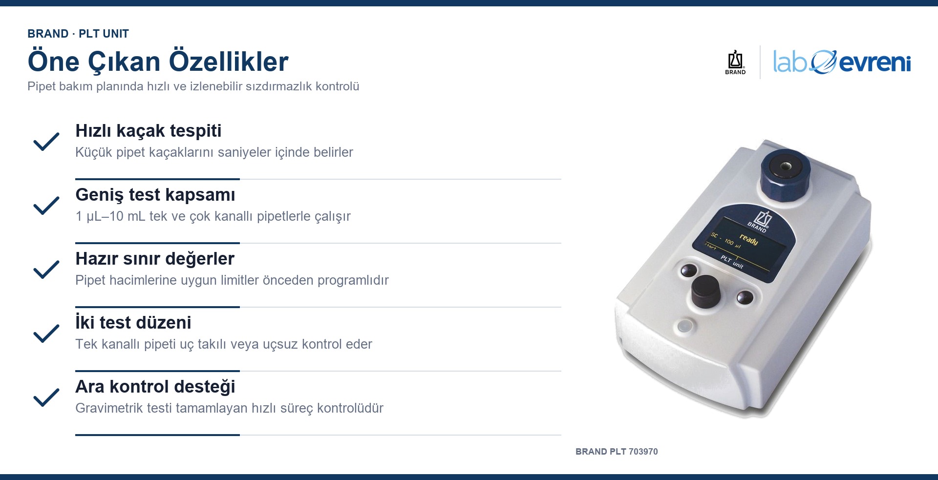BRAND PLT 703970 pipet sızdırmazlık test cihazının öne çıkan özellikleri