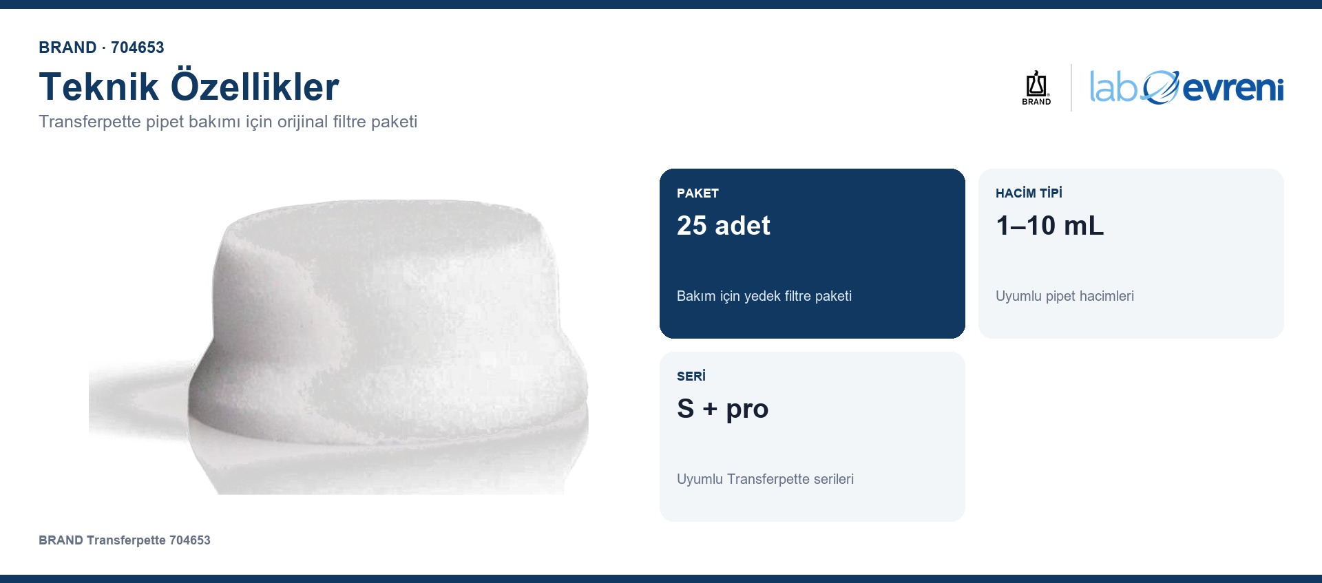BRAND 704653 1–10 mL uyumlu 25 adet pipet filtresi teknik bilgileri