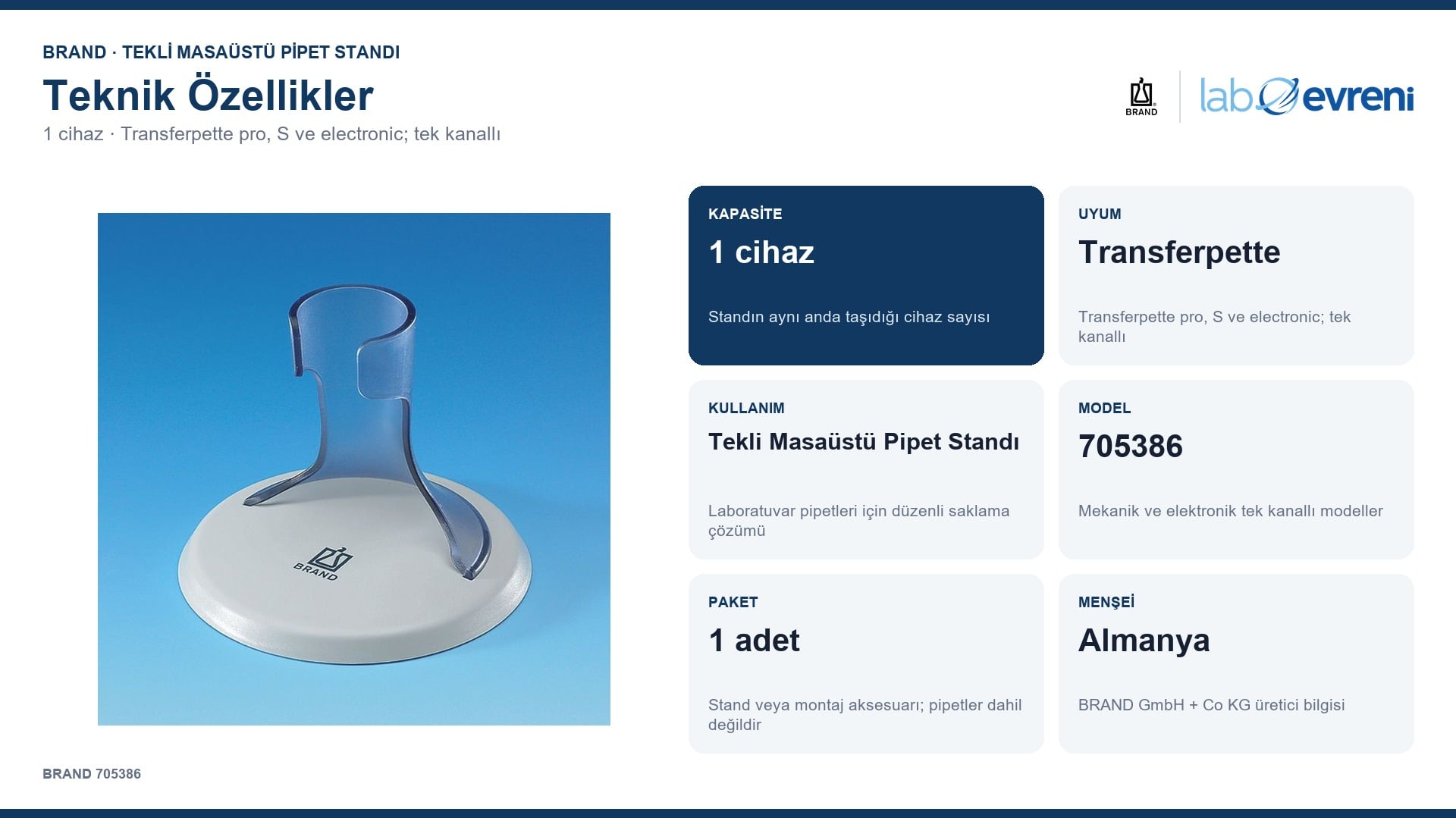BRAND 705386 tekli masaüstü pipet standı teknik değer kartları