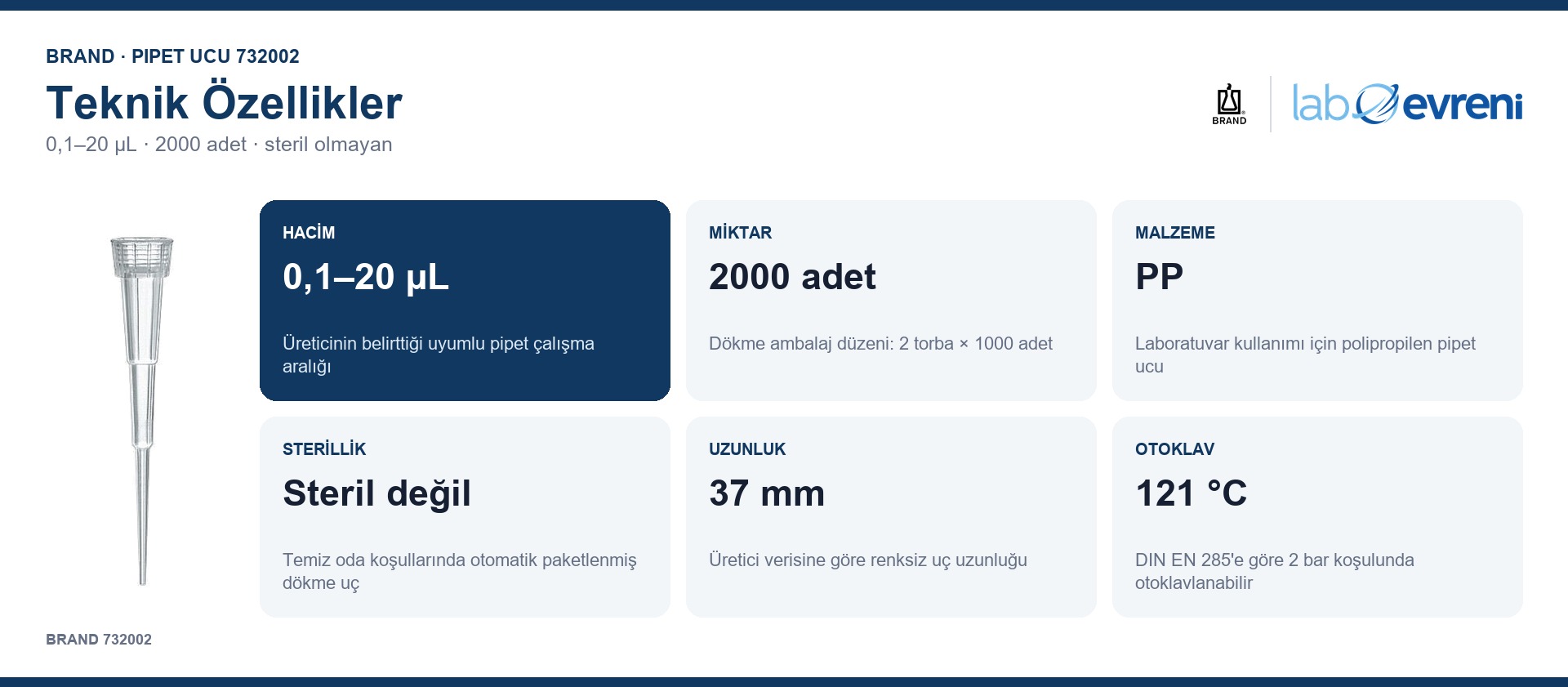 BRAND 732002 0,1–20 µL pipet ucunun teknik değer kartları