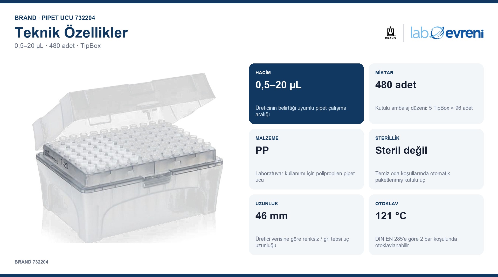 BRAND 732204 0,5–20 µL pipet ucunun teknik değer kartları