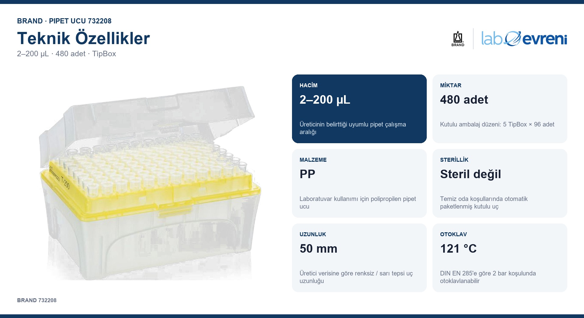 BRAND 732208 2–200 µL pipet ucunun teknik değer kartları