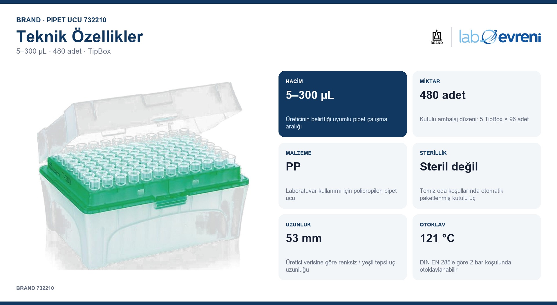 BRAND 732210 5–300 µL pipet ucunun teknik değer kartları