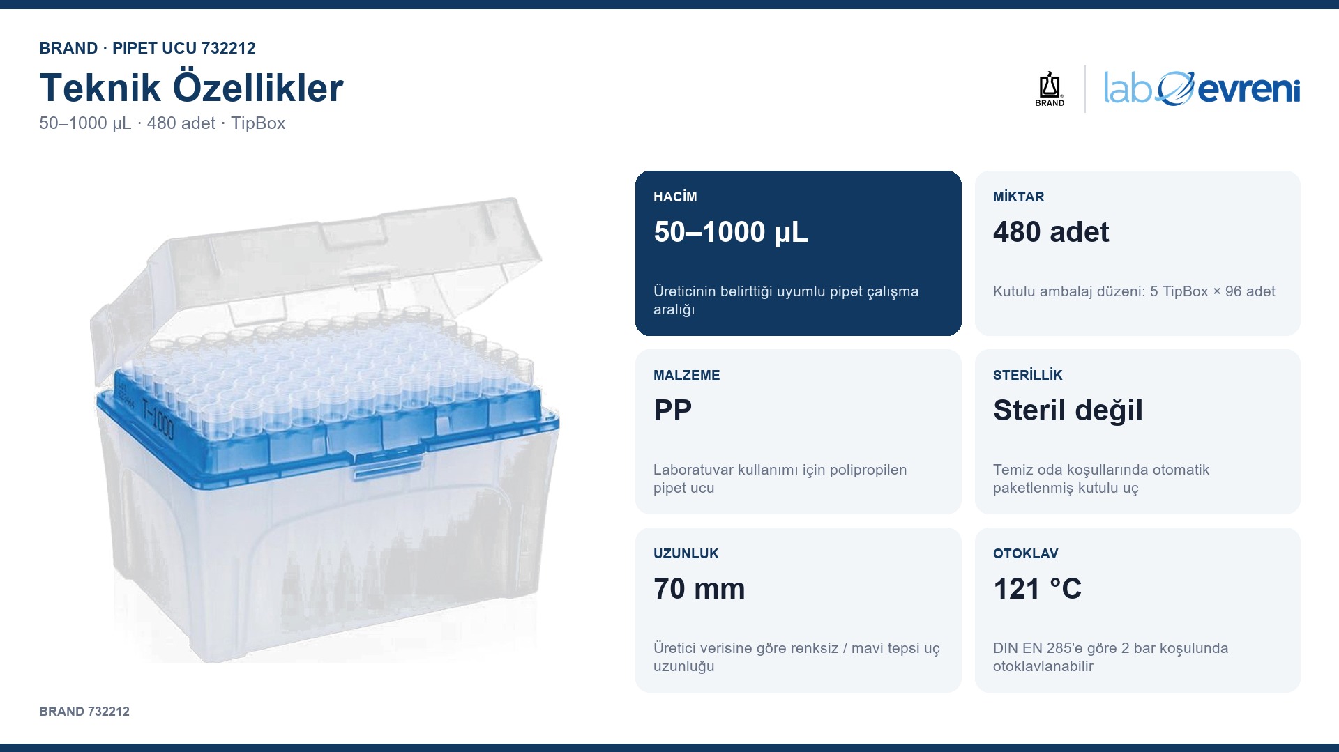 BRAND 732212 50–1000 µL pipet ucunun teknik değer kartları