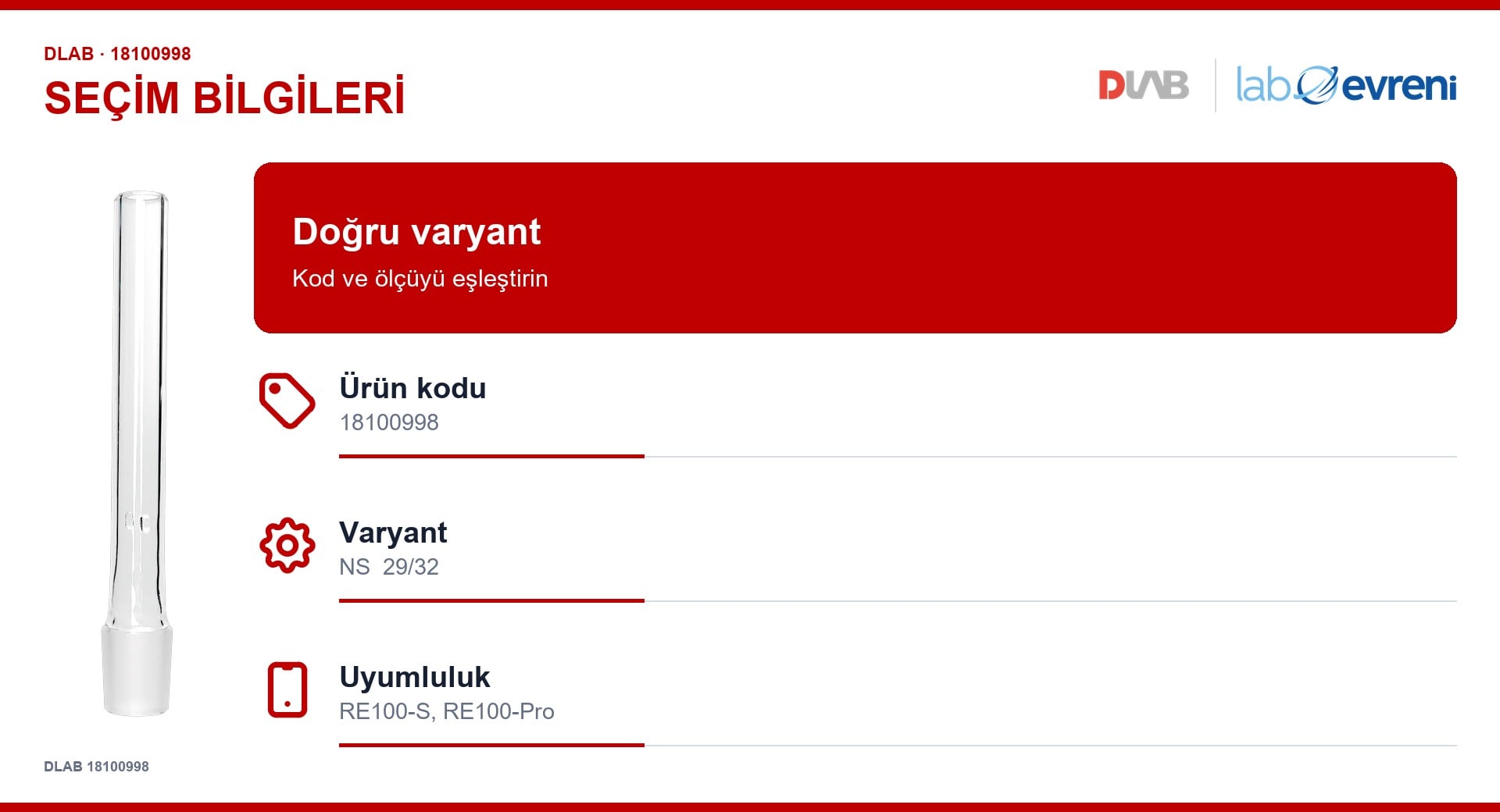 DLAB 18100998 cam şaft için kod, varyant ve cihaz uyumluluğu seçim kartı