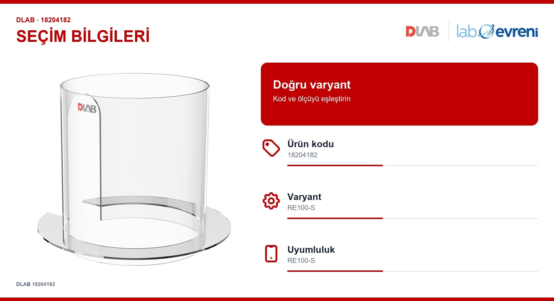 DLAB 18204182 şeffaf güvenlik siperi için kod, varyant ve cihaz uyumluluğu seçim kartı