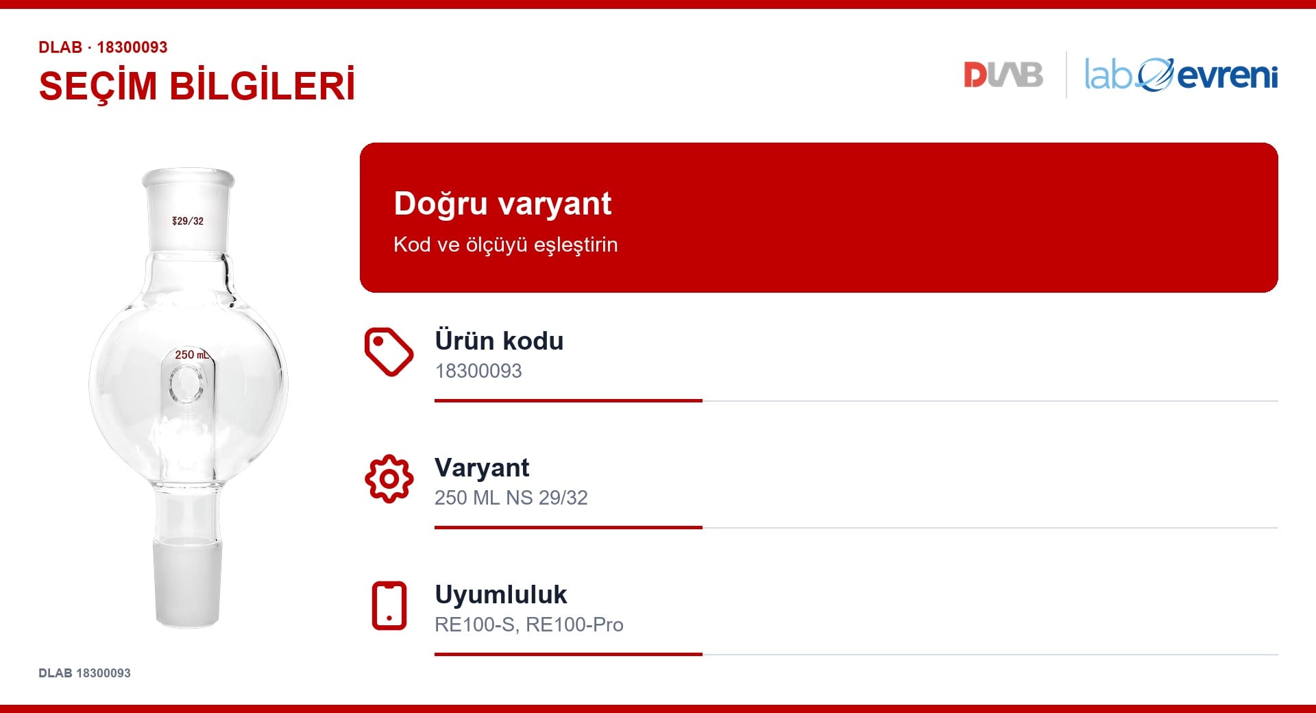 DLAB 18300093 köpük tutucu için kod, varyant ve cihaz uyumluluğu seçim kartı