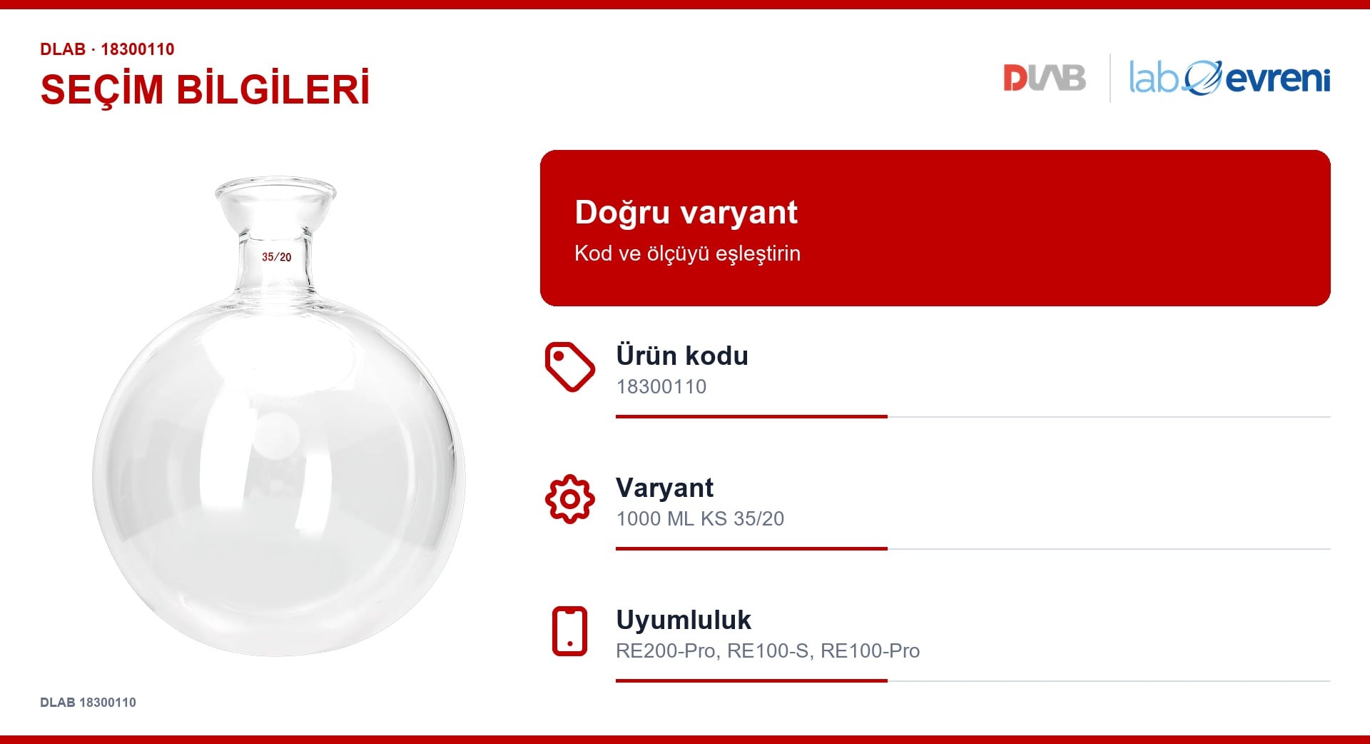DLAB 18300110 toplama balonu için kod, varyant ve cihaz uyumluluğu seçim kartı