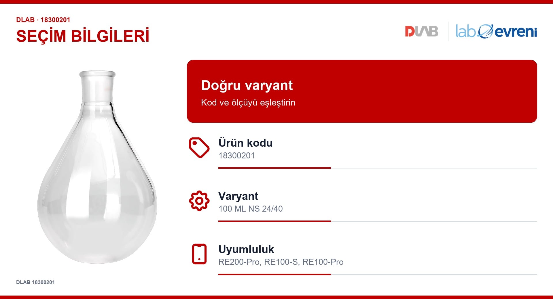 DLAB 18300201 buharlaştırma balonu için kod, varyant ve cihaz uyumluluğu seçim kartı