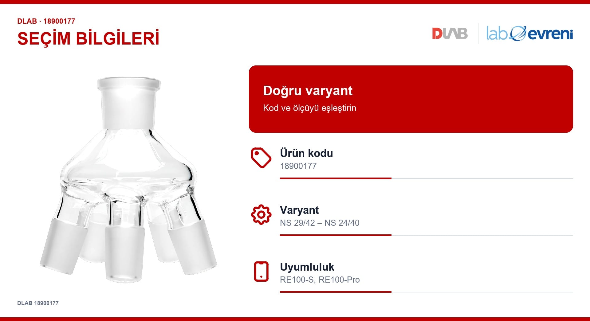 DLAB 18900177 beş çıkışlı distilasyon örümceği için kod, varyant ve cihaz uyumluluğu seçim kartı