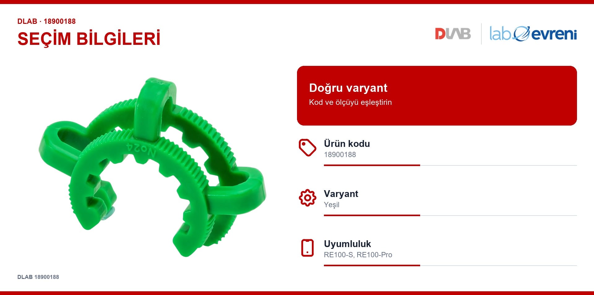 DLAB 18900188 buharlaştırma balonu klipsi için kod, varyant ve cihaz uyumluluğu seçim kartı