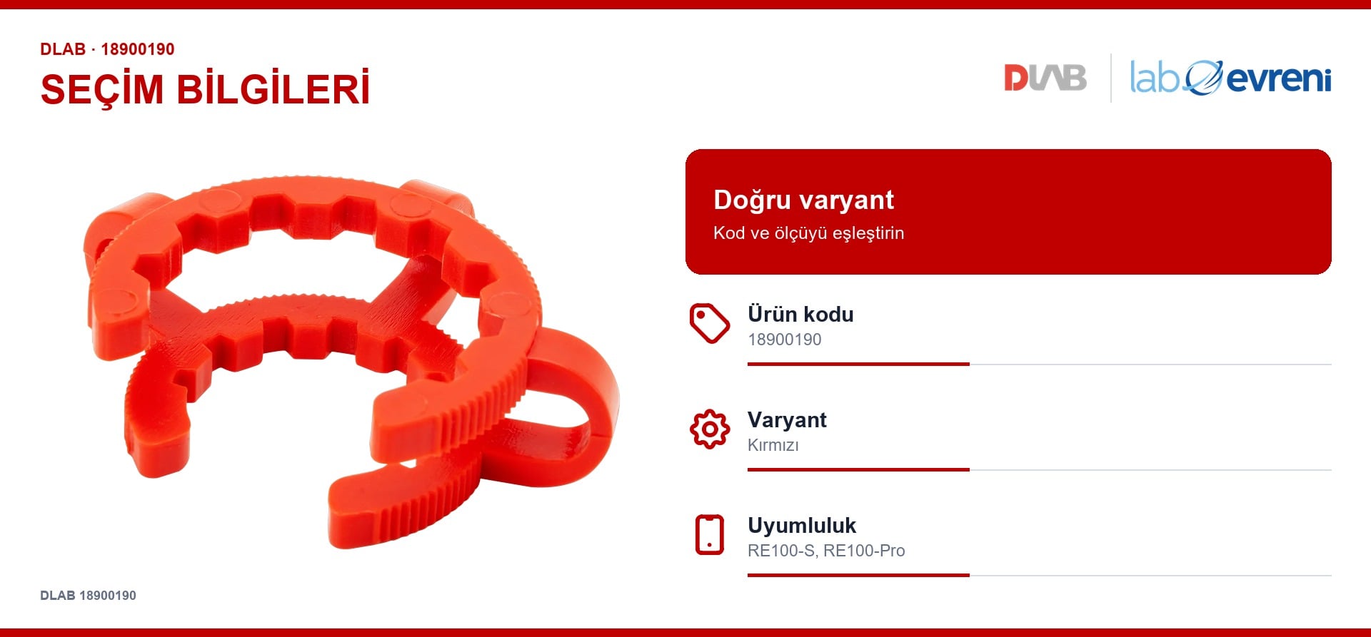 DLAB 18900190 buharlaştırma balonu klipsi için kod, varyant ve cihaz uyumluluğu seçim kartı