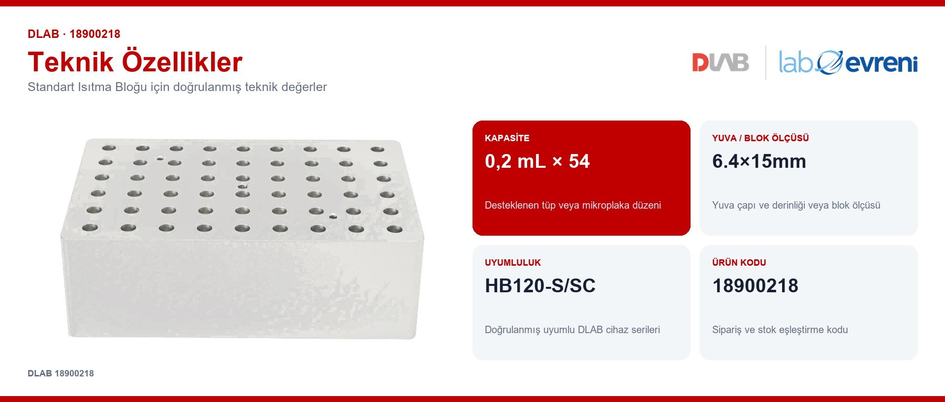 DLAB 18900218 standart isıtma bloğu için kapasite, uyumluluk ve ürün kodu değerleri