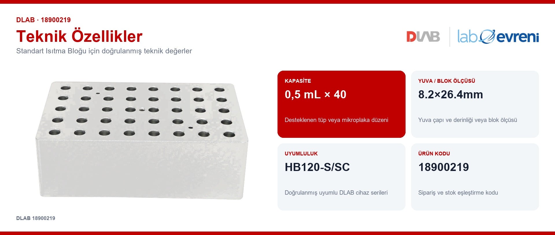 DLAB 18900219 standart isıtma bloğu için kapasite, uyumluluk ve ürün kodu değerleri