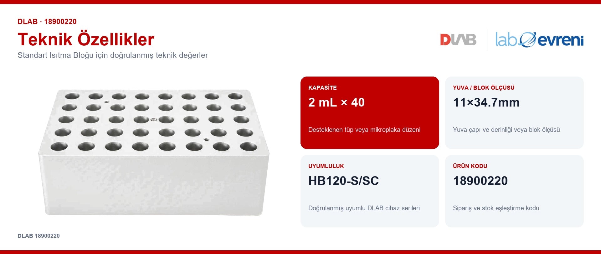 DLAB 18900220 standart isıtma bloğu için kapasite, uyumluluk ve ürün kodu değerleri