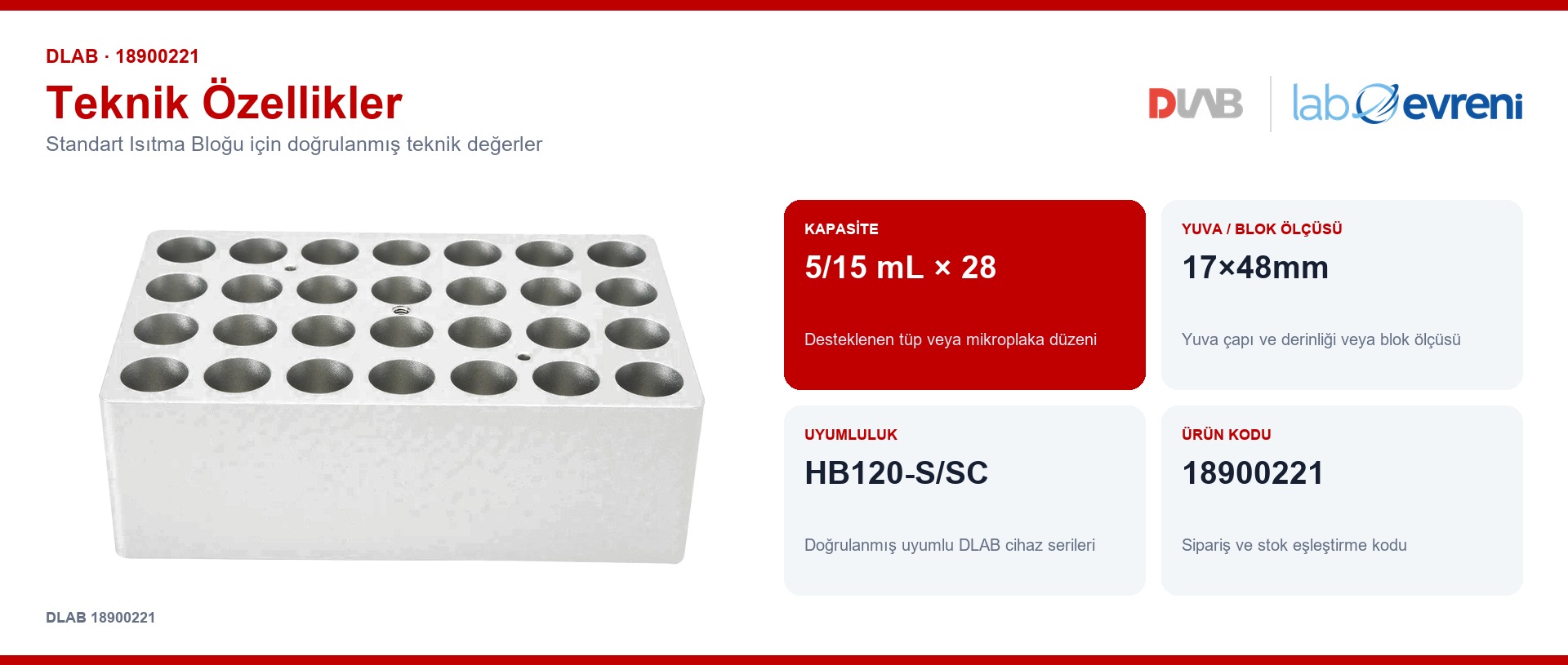 DLAB 18900221 standart isıtma bloğu için kapasite, uyumluluk ve ürün kodu değerleri