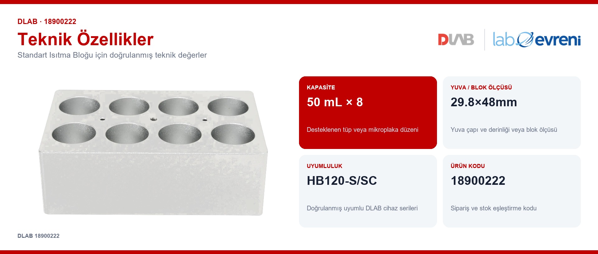 DLAB 18900222 standart isıtma bloğu için kapasite, uyumluluk ve ürün kodu değerleri