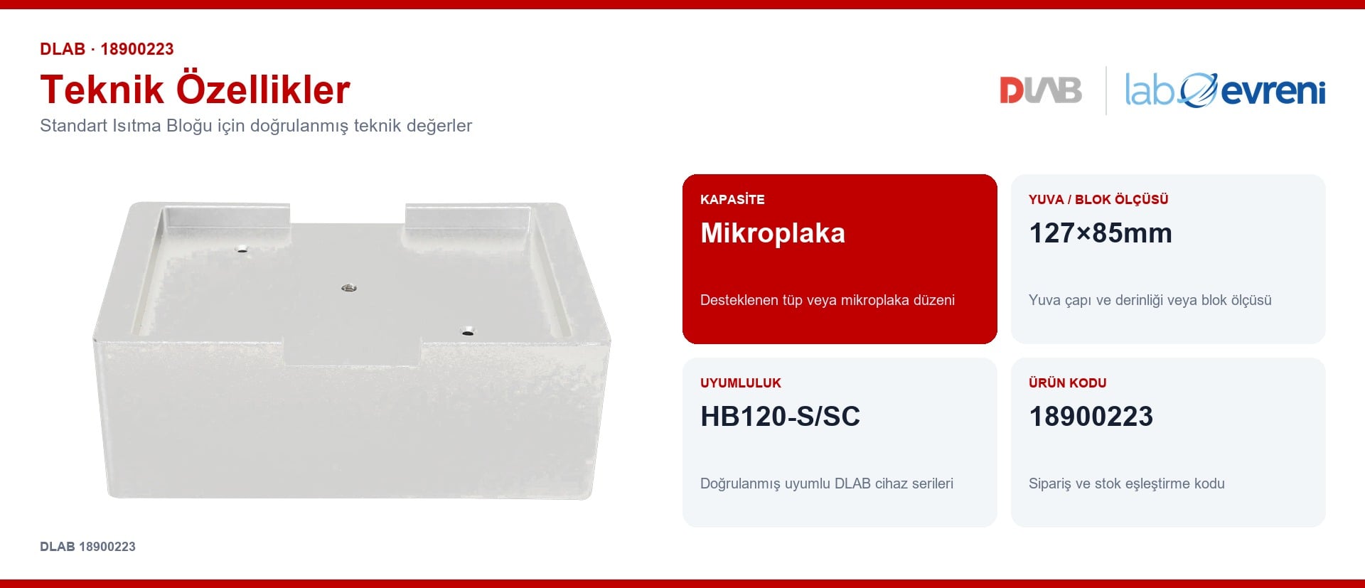 DLAB 18900223 standart isıtma bloğu için kapasite, uyumluluk ve ürün kodu değerleri