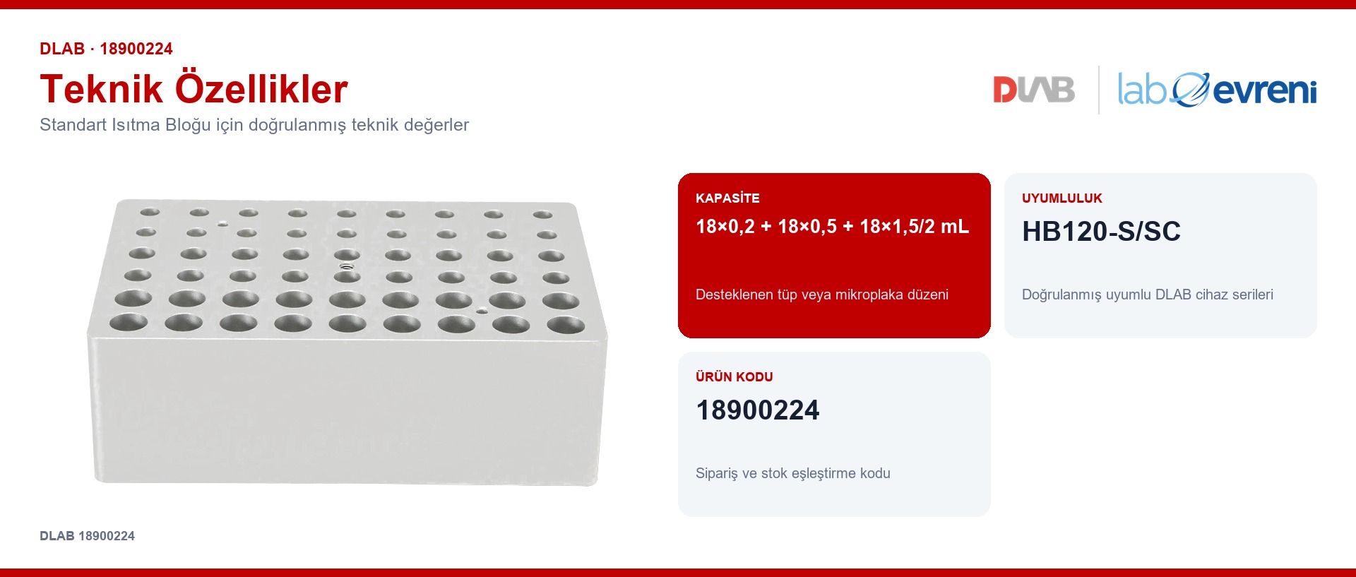 DLAB 18900224 standart isıtma bloğu için kapasite, uyumluluk ve ürün kodu değerleri