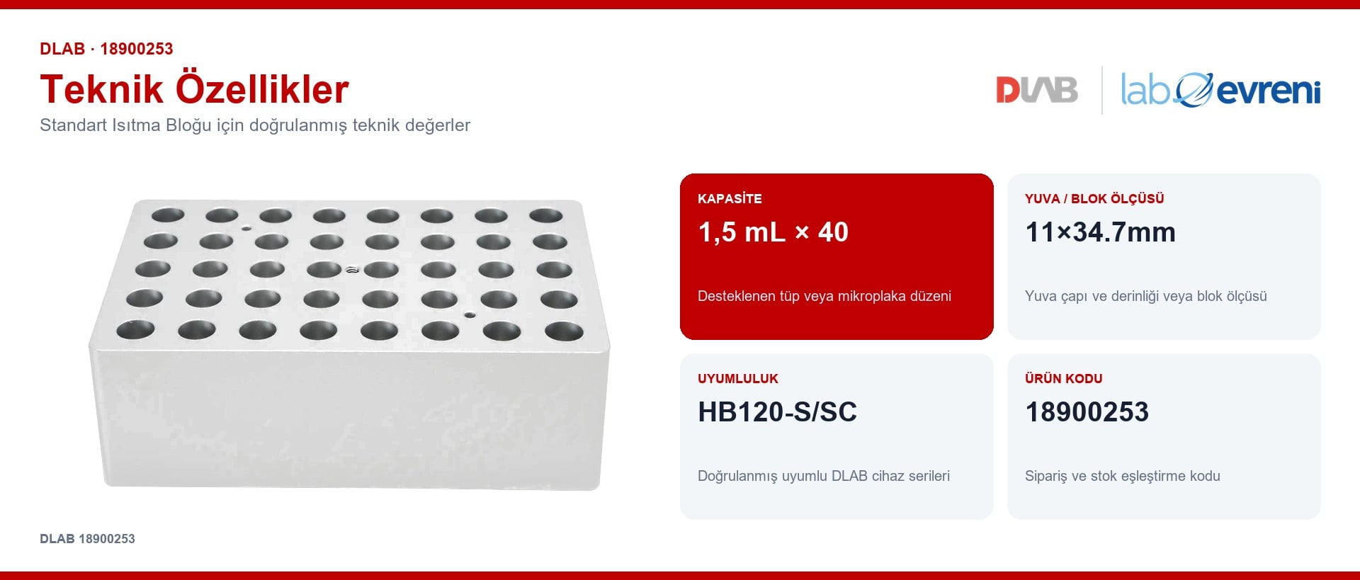 DLAB 18900253 standart isıtma bloğu için kapasite, uyumluluk ve ürün kodu değerleri