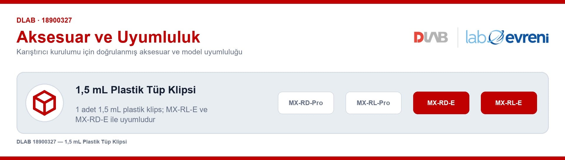 DLAB 18900327 1,5 ml plastik tüp klipsi uyumluluk şeması