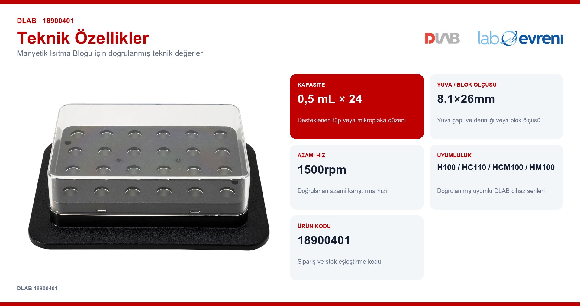 DLAB 18900401 manyetik isıtma bloğu için kapasite, uyumluluk ve ürün kodu değerleri