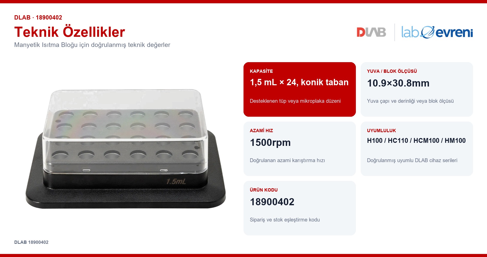 DLAB 18900402 manyetik isıtma bloğu için kapasite, uyumluluk ve ürün kodu değerleri