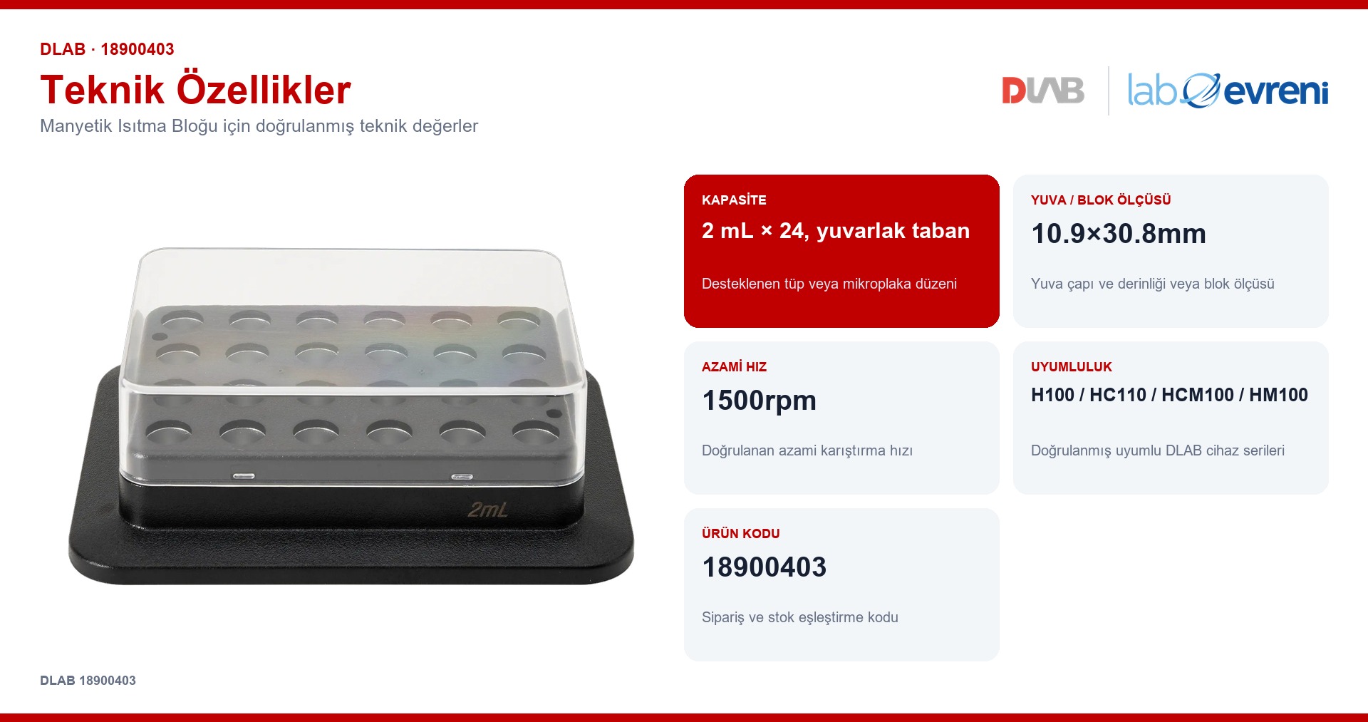 DLAB 18900403 manyetik isıtma bloğu için kapasite, uyumluluk ve ürün kodu değerleri