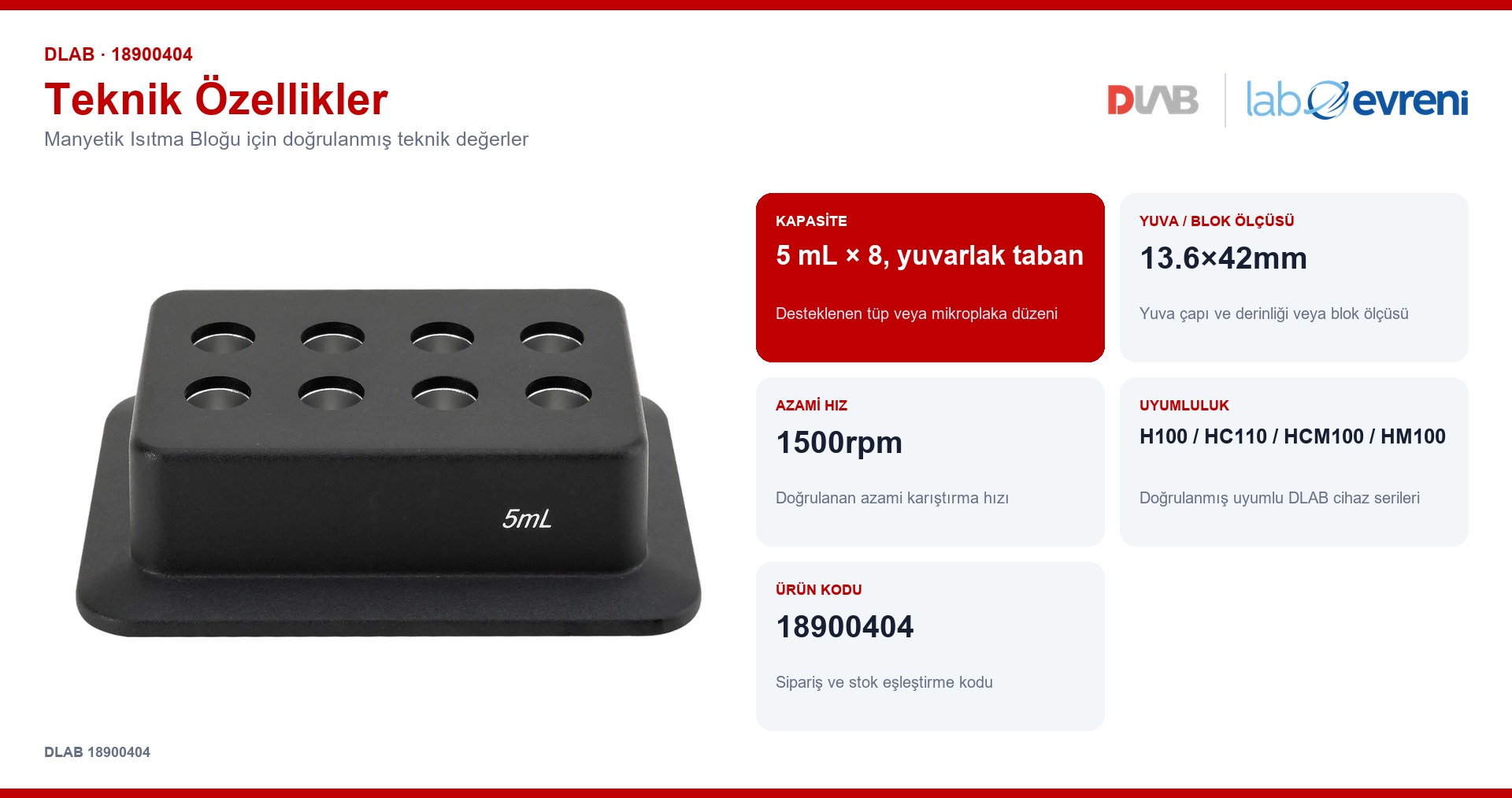 DLAB 18900404 manyetik isıtma bloğu için kapasite, uyumluluk ve ürün kodu değerleri