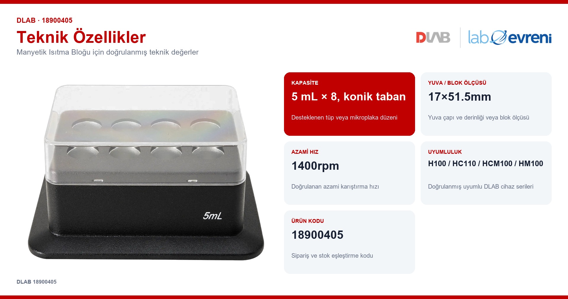 DLAB 18900405 manyetik isıtma bloğu için kapasite, uyumluluk ve ürün kodu değerleri