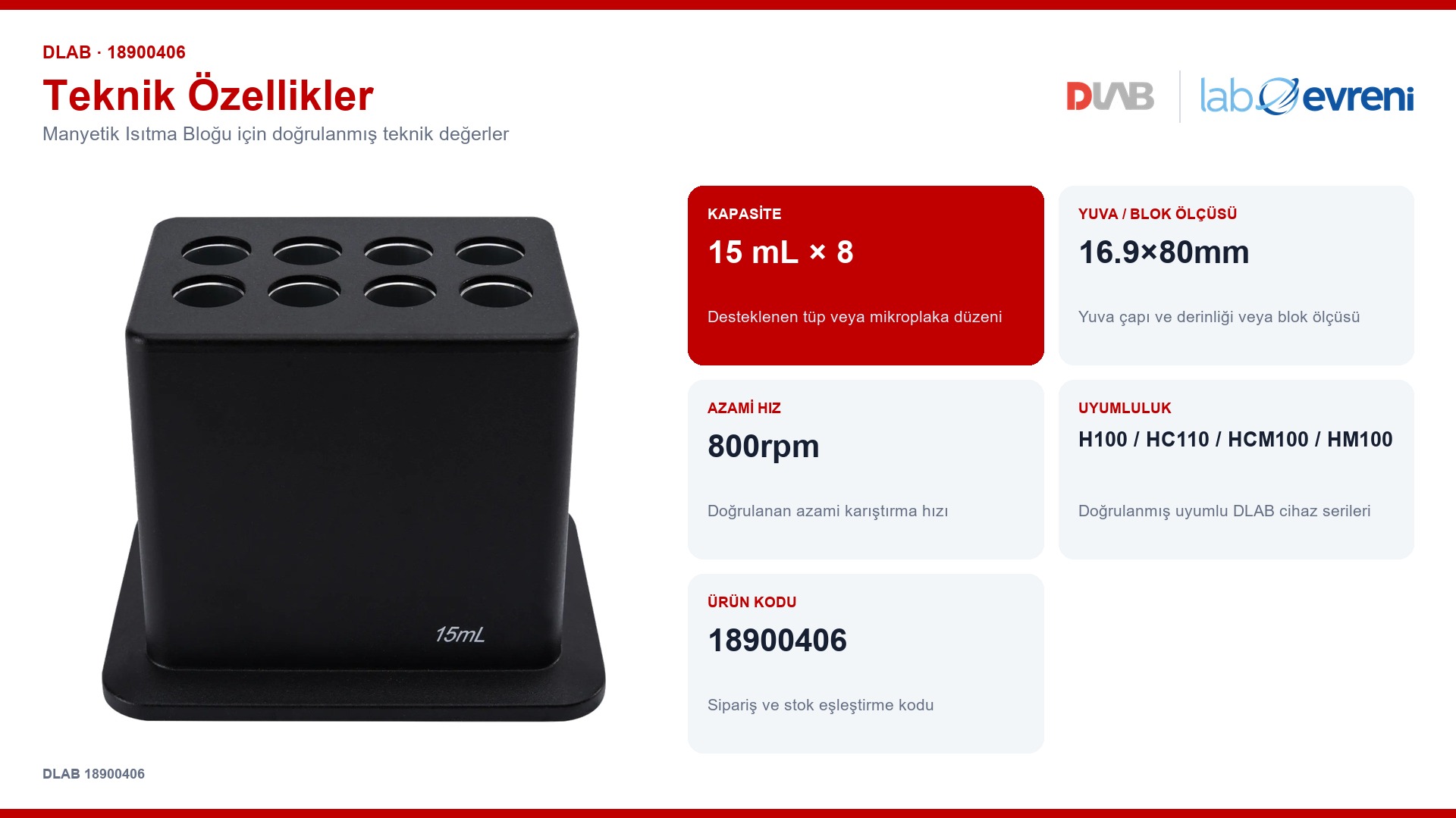 DLAB 18900406 manyetik isıtma bloğu için kapasite, uyumluluk ve ürün kodu değerleri