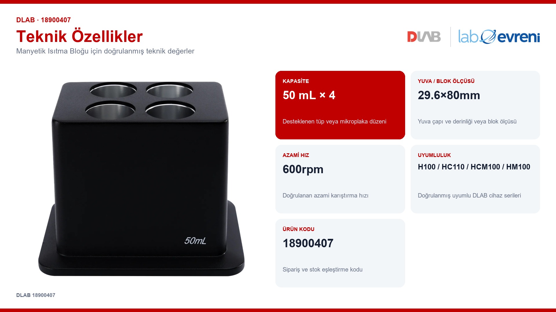 DLAB 18900407 manyetik isıtma bloğu için kapasite, uyumluluk ve ürün kodu değerleri