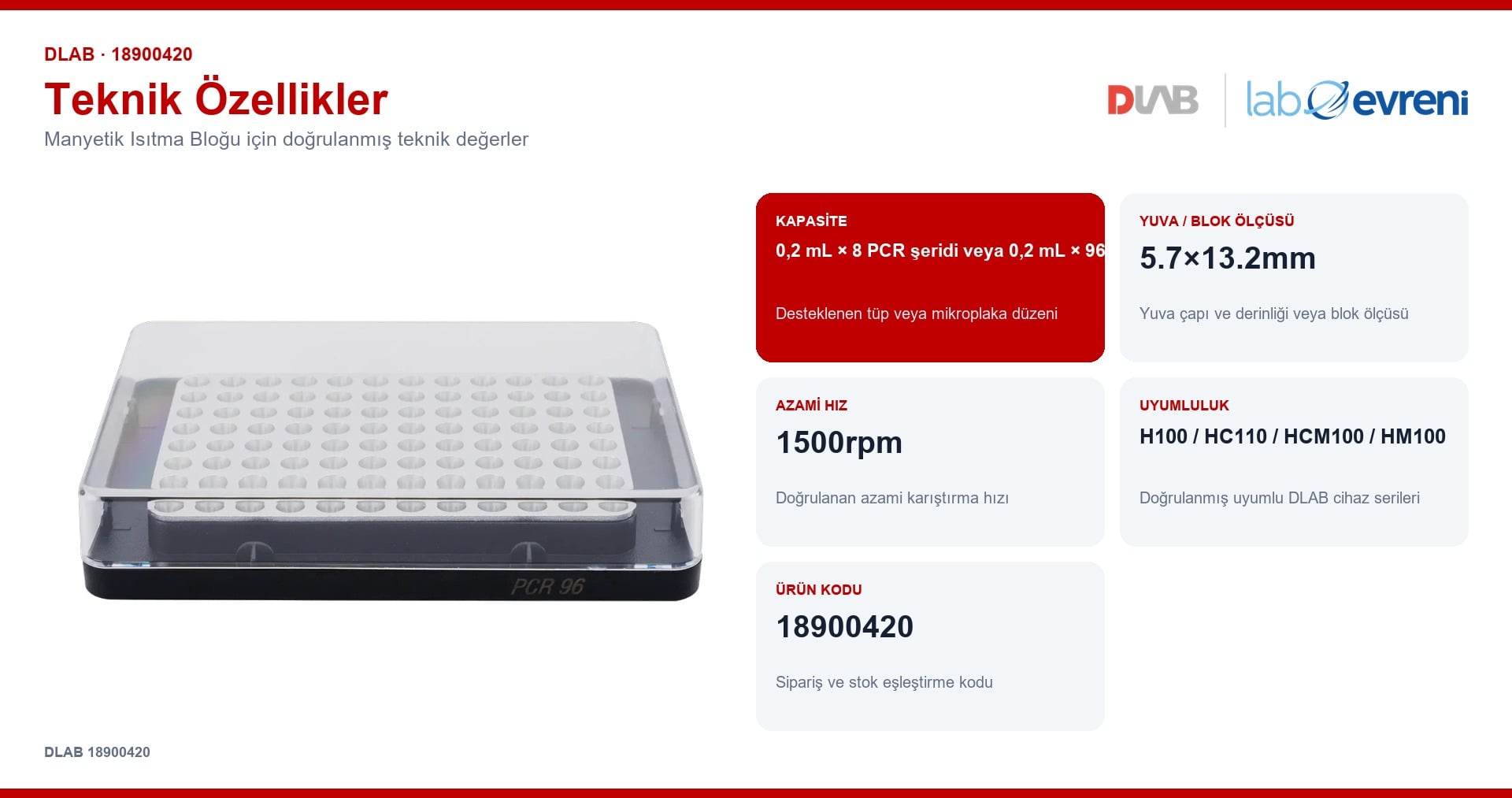 DLAB 18900420 manyetik isıtma bloğu için kapasite, uyumluluk ve ürün kodu değerleri