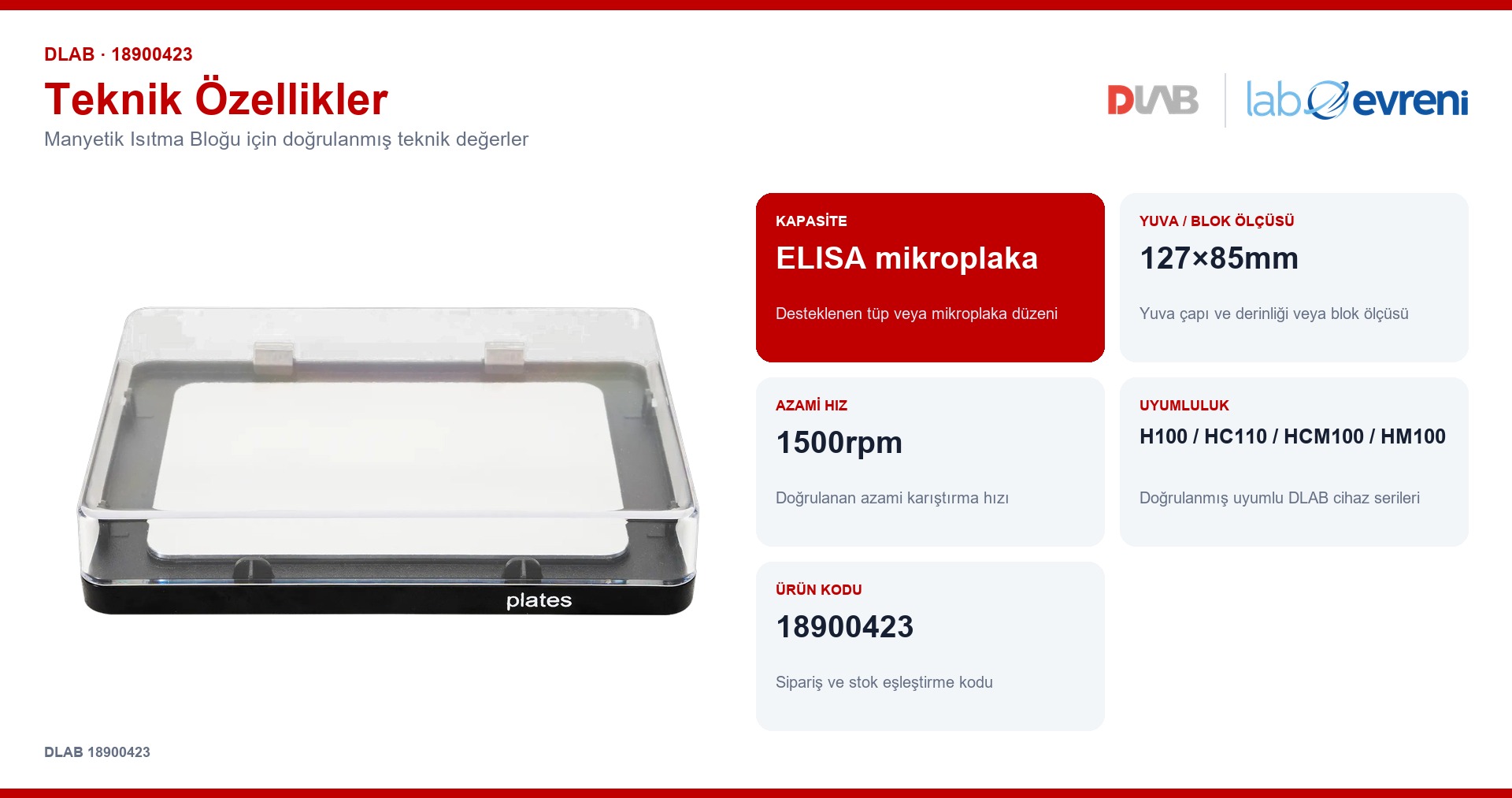 DLAB 18900423 manyetik isıtma bloğu için kapasite, uyumluluk ve ürün kodu değerleri