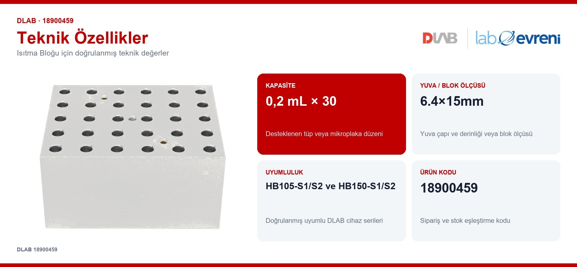 DLAB 18900459 isıtma bloğu için kapasite, uyumluluk ve ürün kodu değerleri