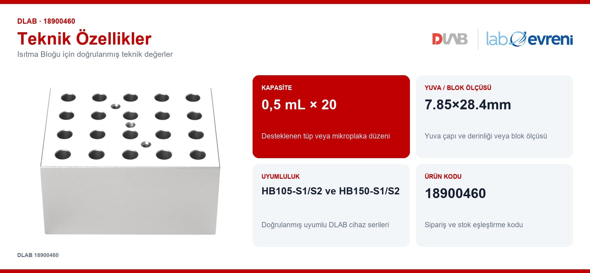 DLAB 18900460 isıtma bloğu için kapasite, uyumluluk ve ürün kodu değerleri