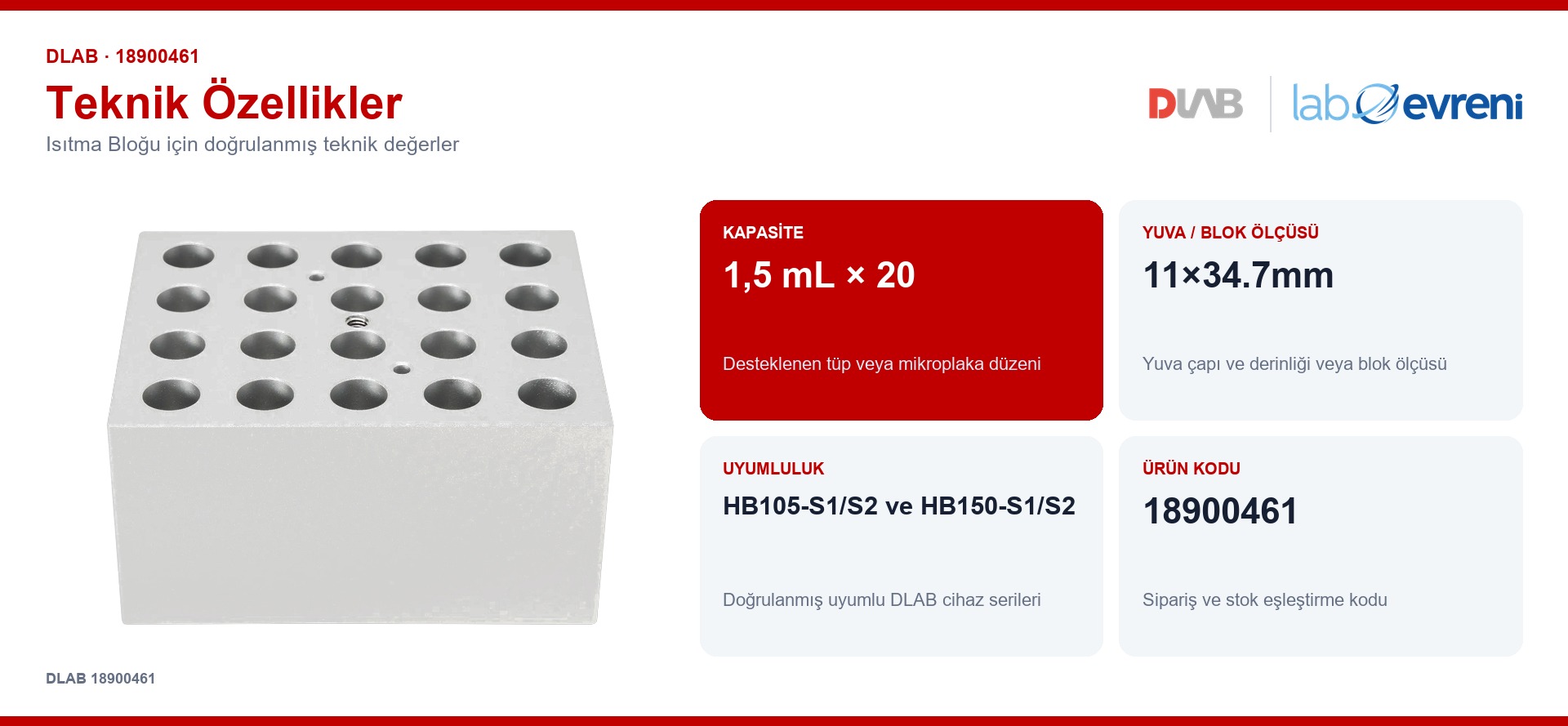 DLAB 18900461 isıtma bloğu için kapasite, uyumluluk ve ürün kodu değerleri