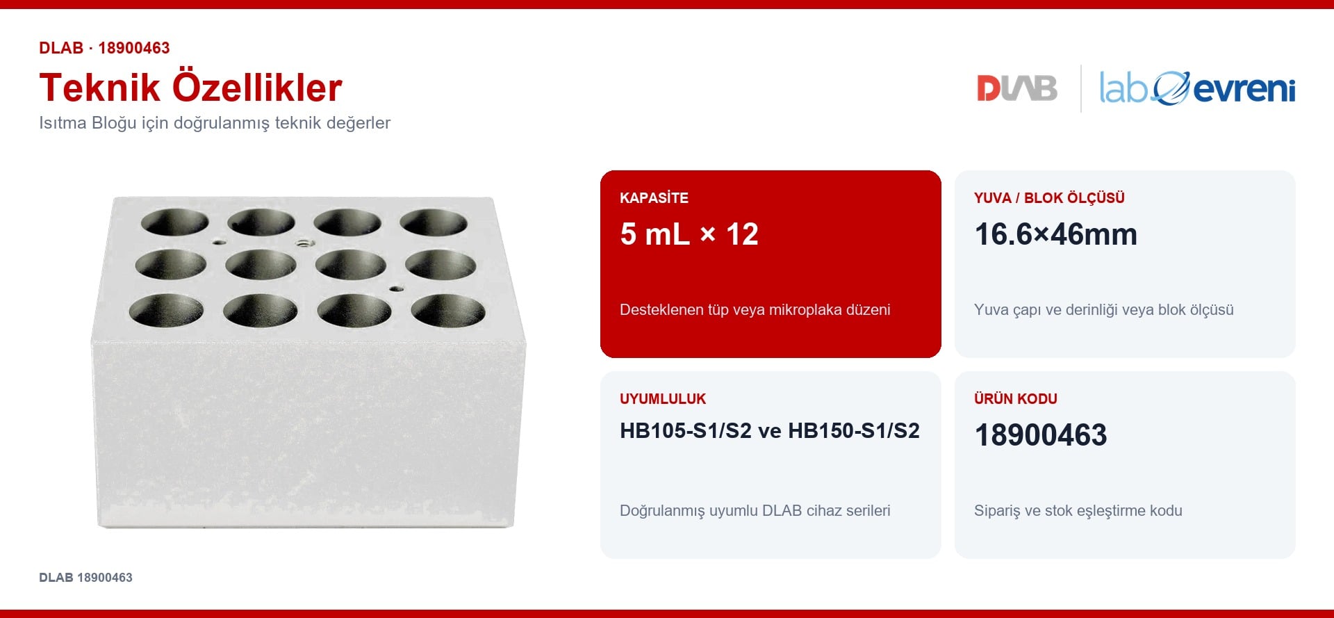 DLAB 18900463 isıtma bloğu için kapasite, uyumluluk ve ürün kodu değerleri