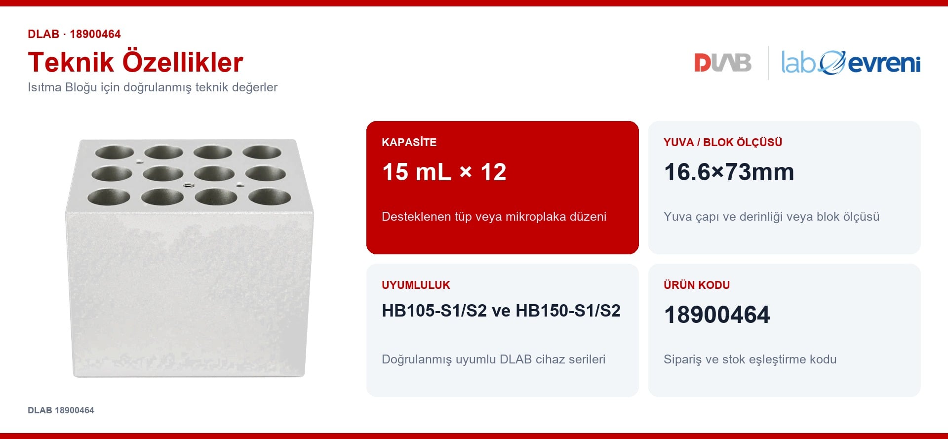 DLAB 18900464 isıtma bloğu için kapasite, uyumluluk ve ürün kodu değerleri
