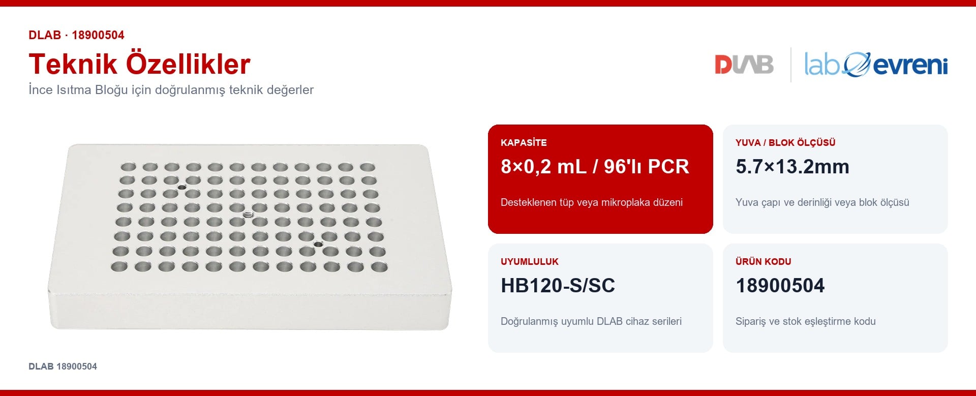 DLAB 18900504 i̇nce isıtma bloğu için kapasite, uyumluluk ve ürün kodu değerleri