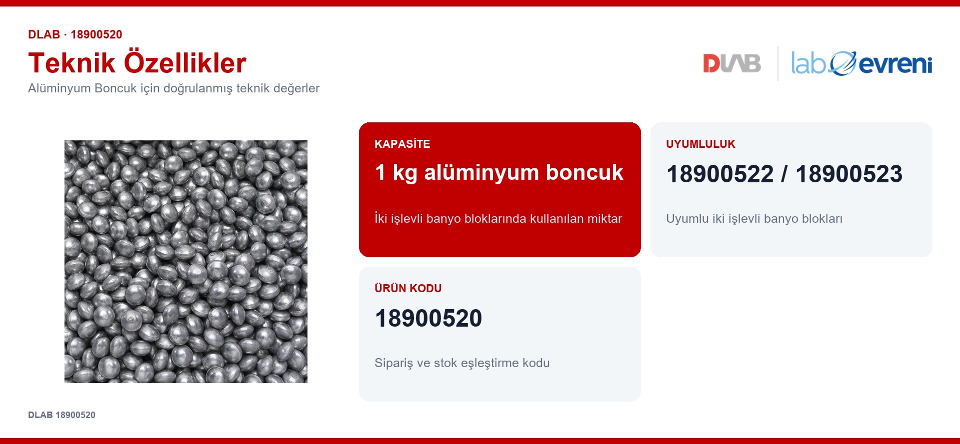 DLAB 18900520 alüminyum boncuk için kapasite, uyumluluk ve ürün kodu değerleri