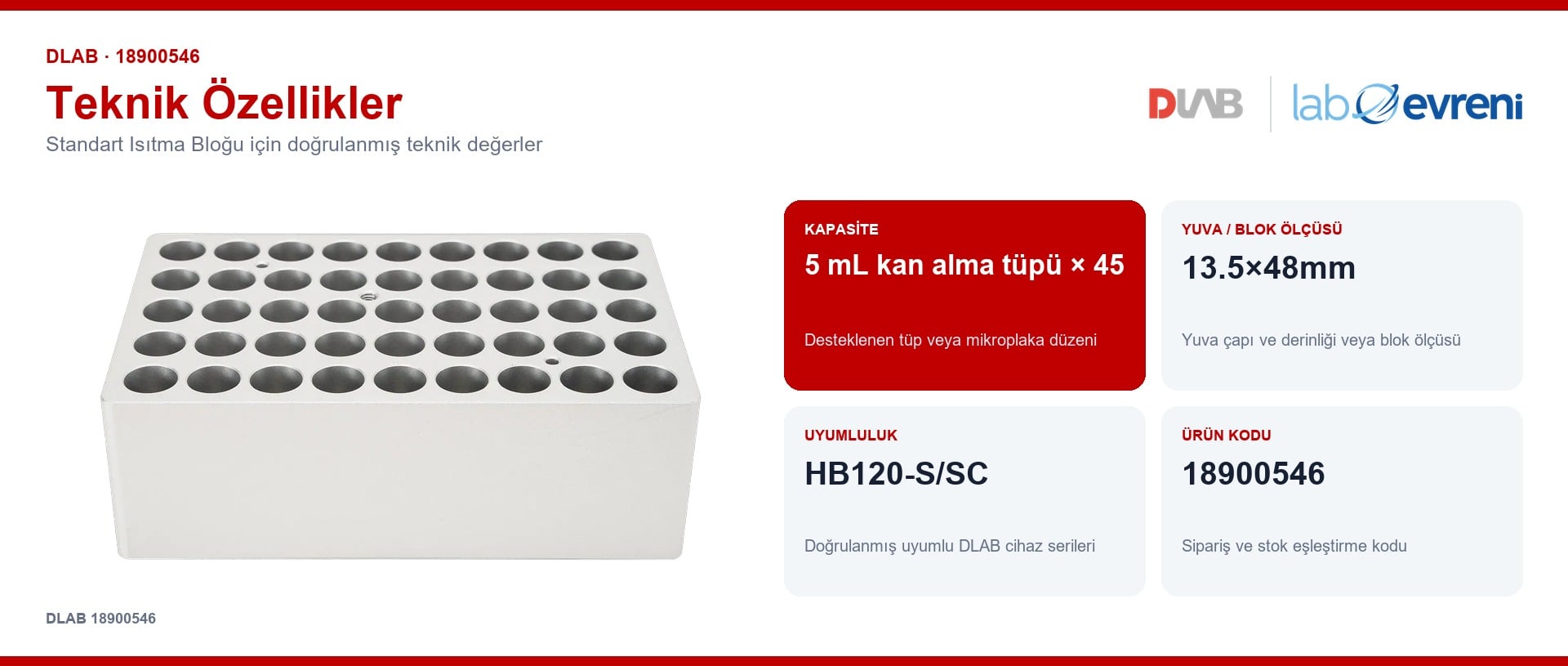DLAB 18900546 standart isıtma bloğu için kapasite, uyumluluk ve ürün kodu değerleri