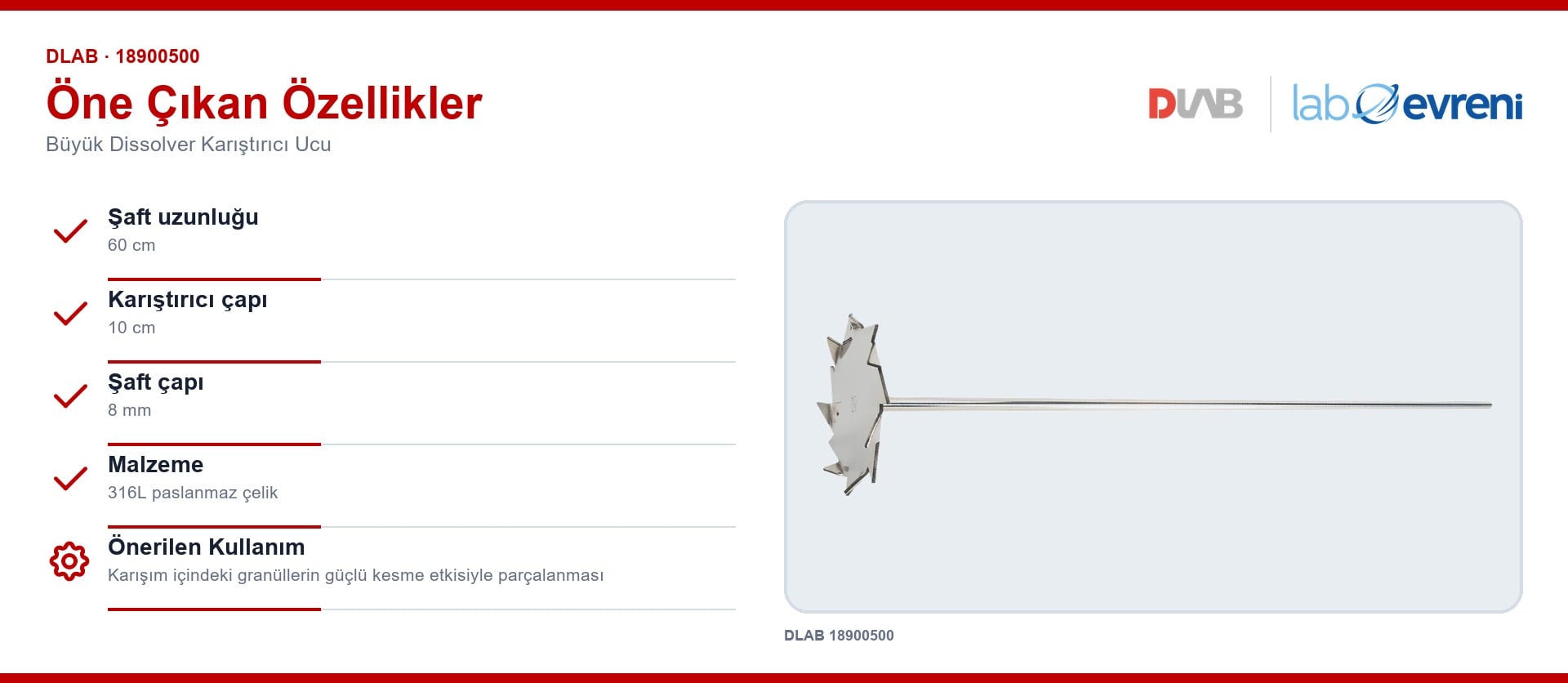 DLAB 18900500 büyük dissolver karıştırıcı ucu için doğrulanmış özellikler ve gerçek ürün görseli