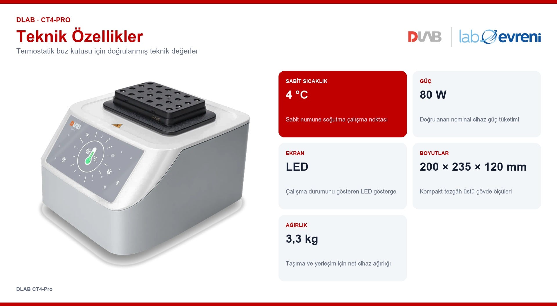 DLAB CT4-Pro termostatik buz kutusunun 4 °C, 80 W, LED ekran, boyut ve ağırlık değerleri
