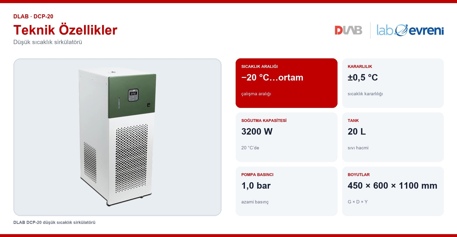DLAB DCP-20 düşük sıcaklık sirkülatörünün sıcaklık, tank, pompa ve boyut değer kartları