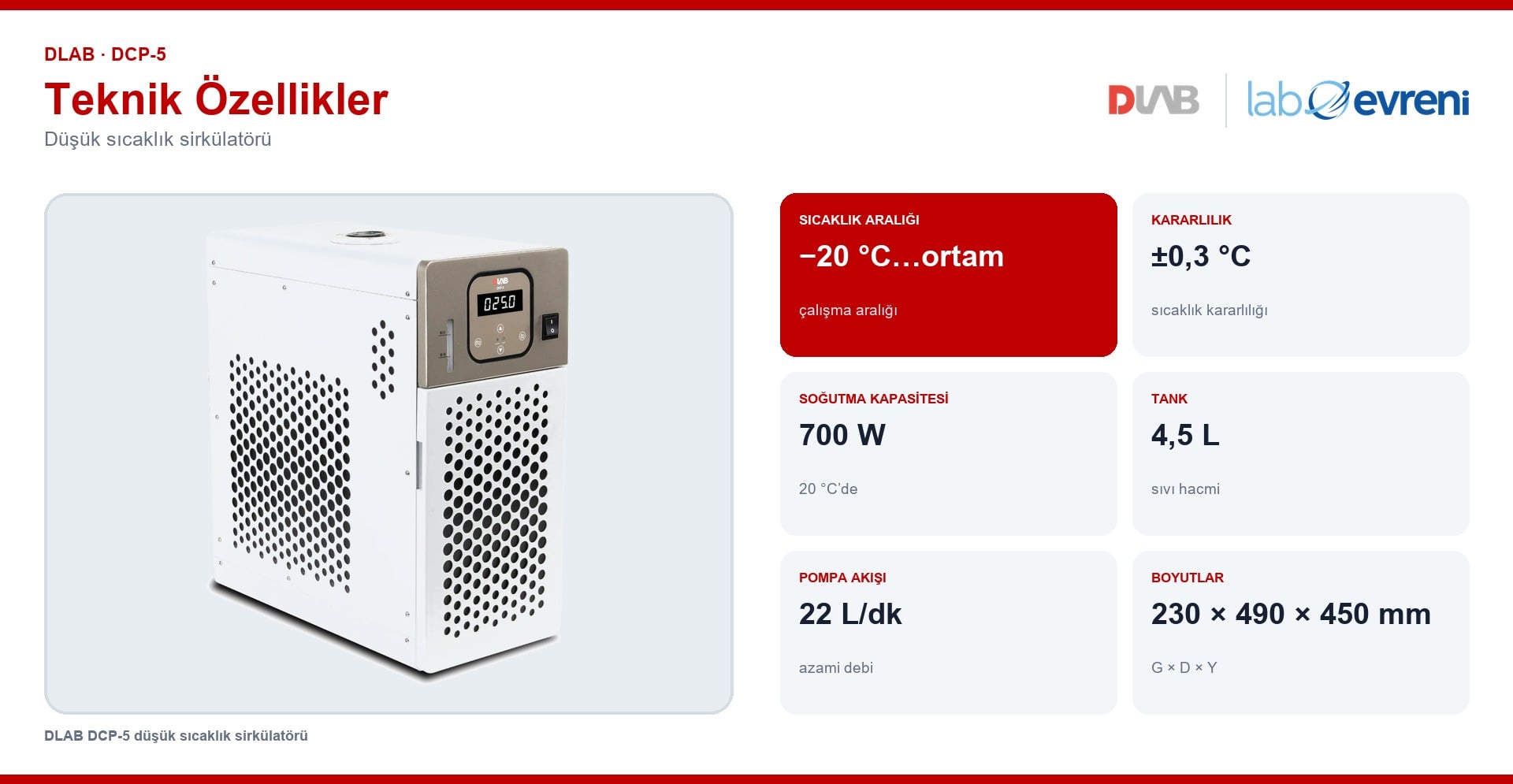 DLAB DCP-5 düşük sıcaklık sirkülatörünün sıcaklık, tank, pompa ve boyut değer kartları